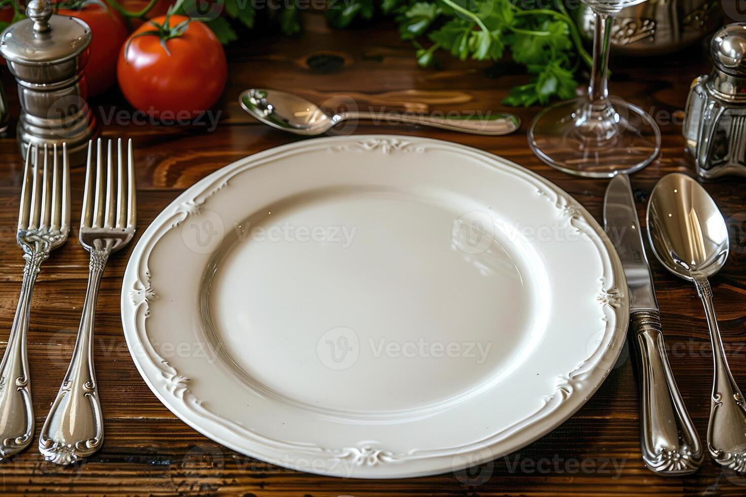 a dinner plate and cutlery for a wedding at a luxury hotel advertising food photography photo