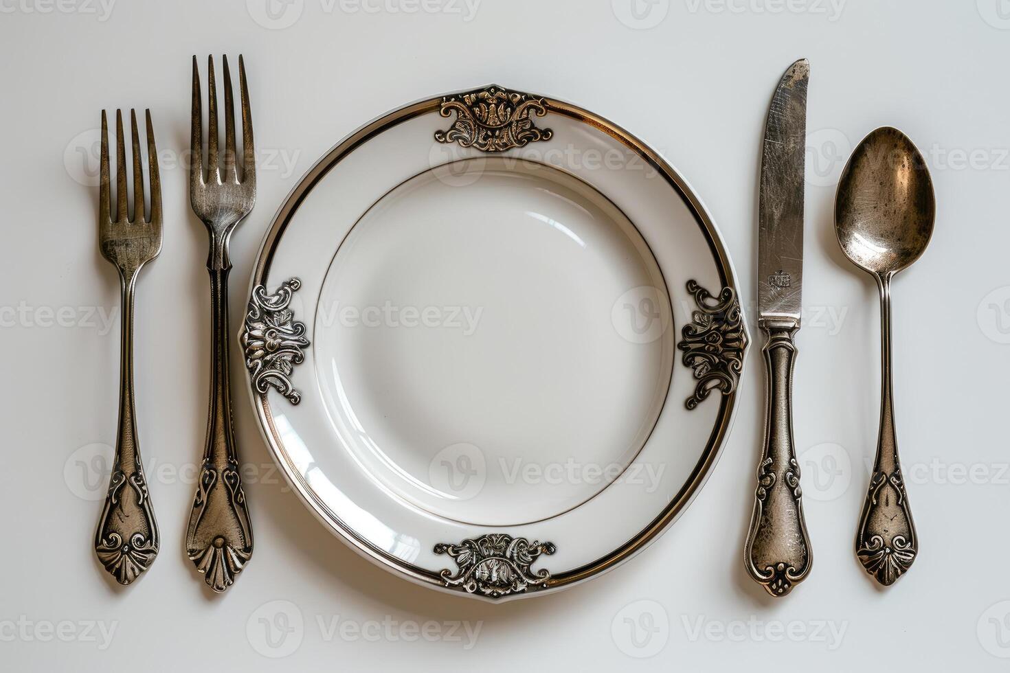 a dinner plate and cutlery for a wedding at a luxury hotel advertising food photography photo