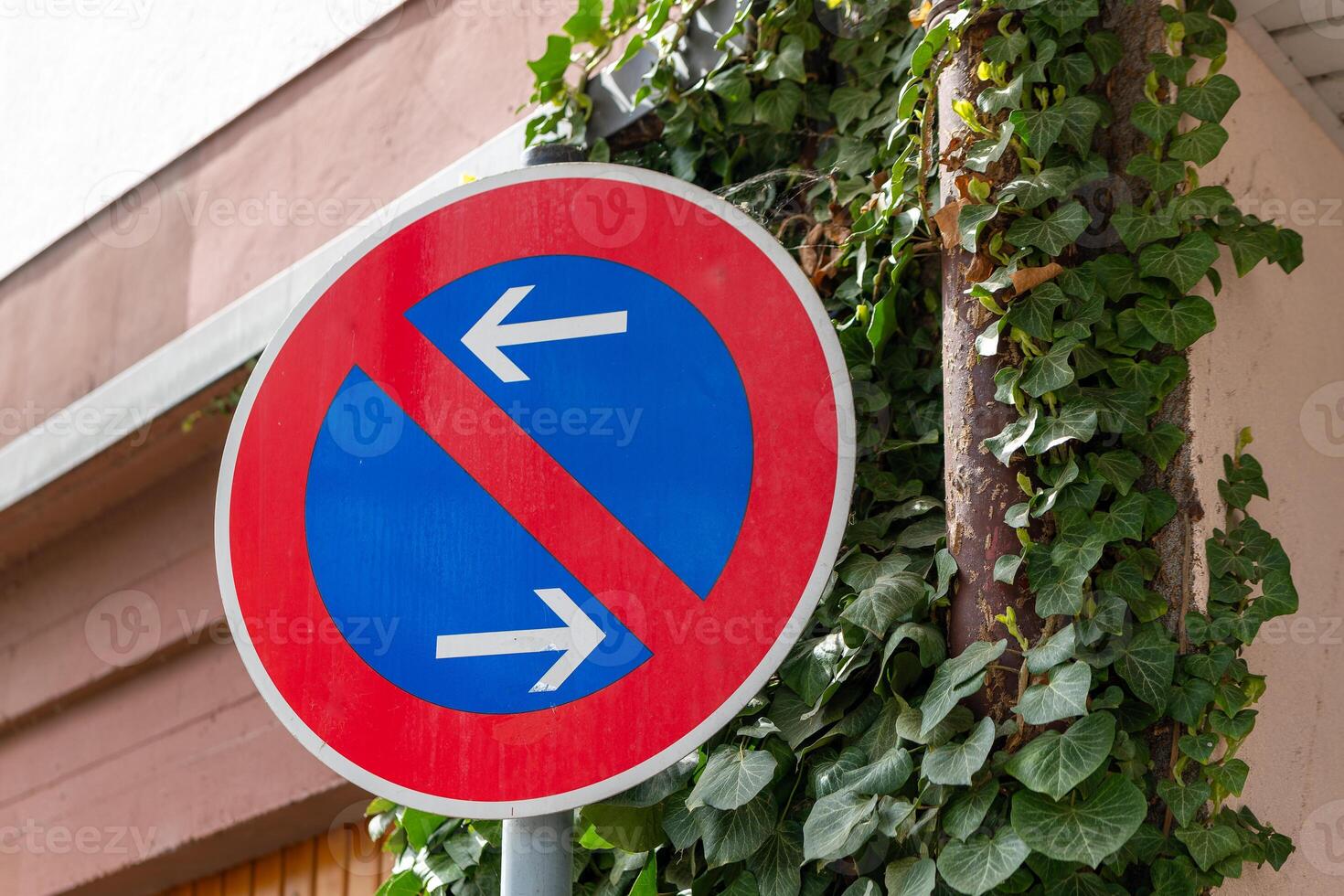 red and blue sign with two arrows no parking sign photo