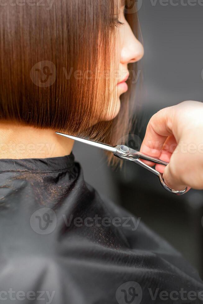 Woman having a new haircut. Male hairstylist cutting brown hair with scissors in a hair salon. photo