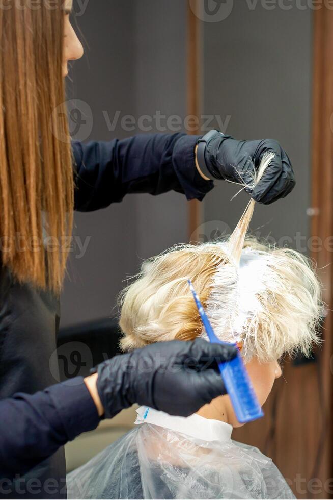 Coloring female hair in the hair salon. Young woman having her hair dyed by beautician at the beauty parlor. photo