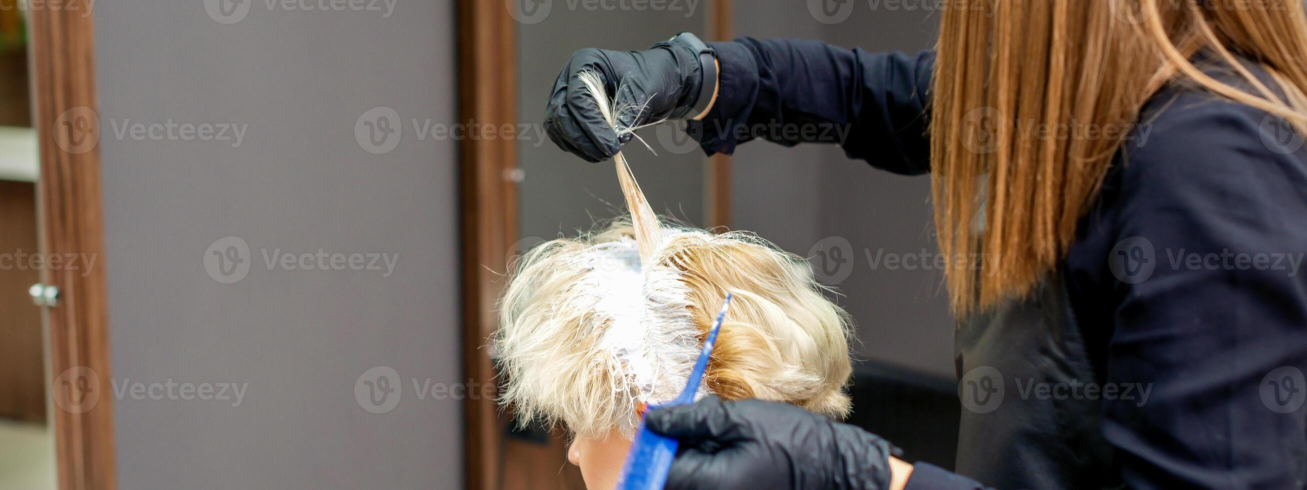 Coloring female hair in the hair salon. Young woman having her hair dyed by beautician at the beauty parlor. photo