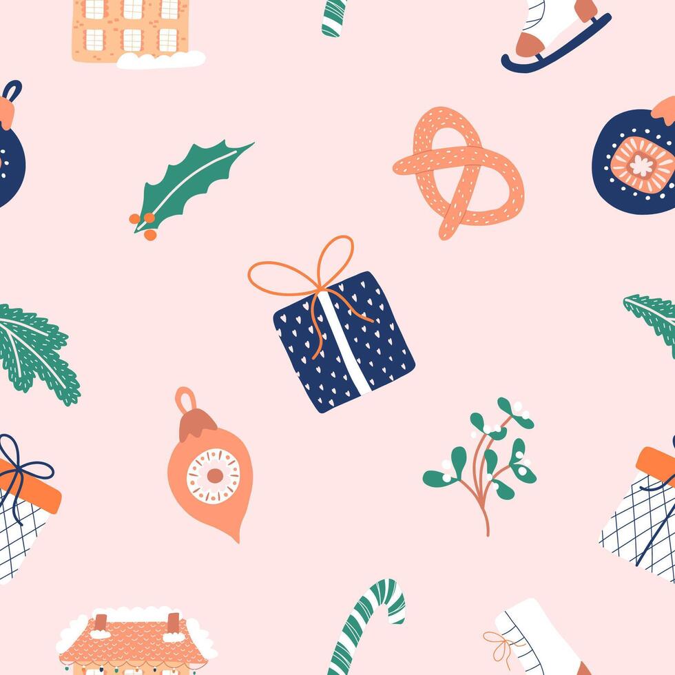 Christmas seamless pattern on a pink background. House, mistletoe, pretzel, skates, Christmas toys, giftbox, lollipop cane. Background for gift wrapping or fabric design. Elements for advent calendar. vector
