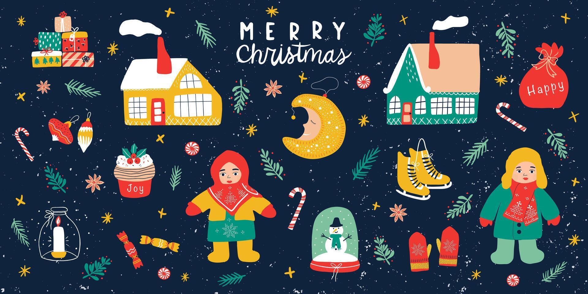 Christmas set on a dark background. Calligraphy, children, house, moon, candle, mistletoe, giftbox, snow globe. New Year holiday decoration elements. Hand drawn illustration vector