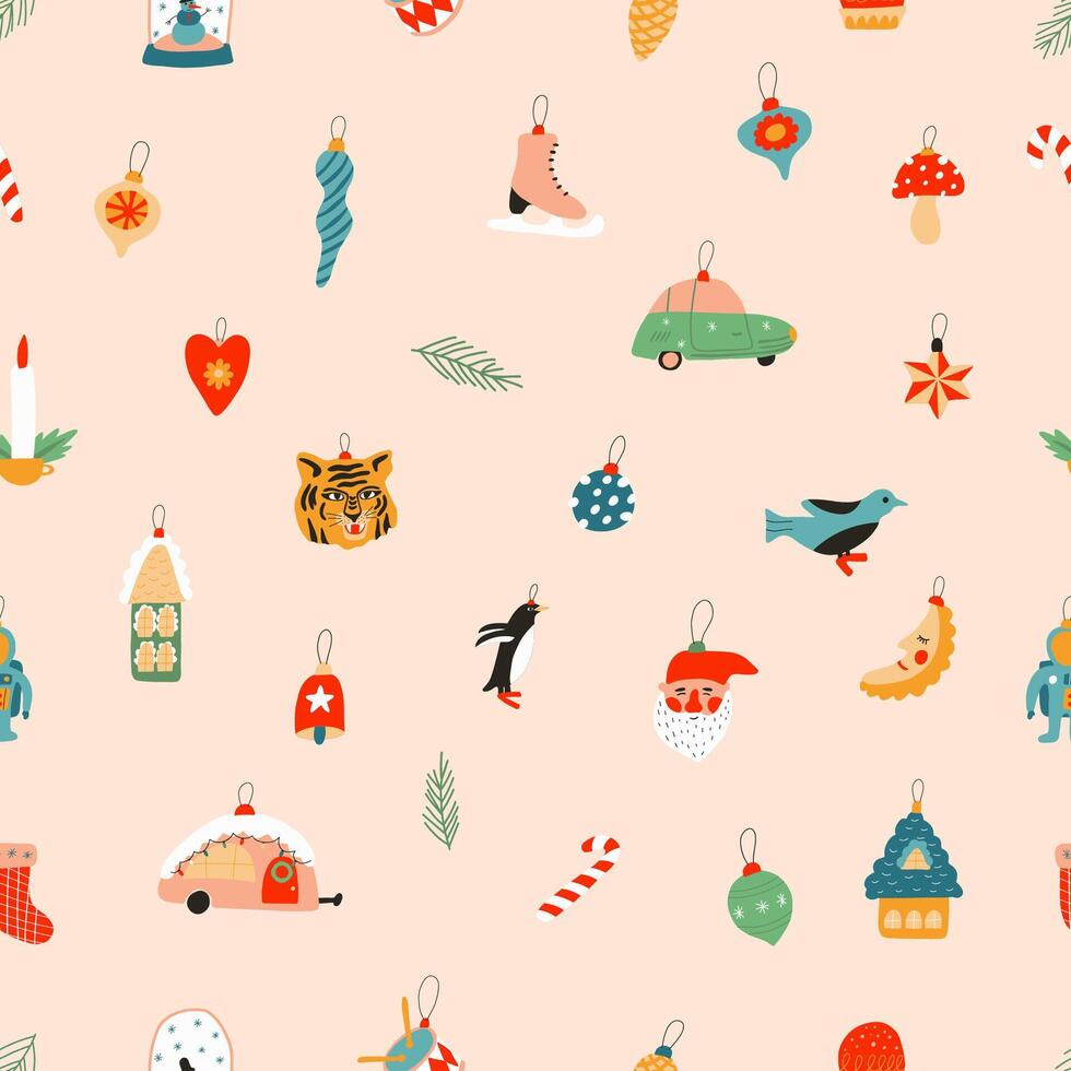 New year seamless pattern with cute funny Christmas toys. Tiger, car, Santa Claus, toadstool and other Christmas toys. Background for gift wrapping or fabric design. illustration vector