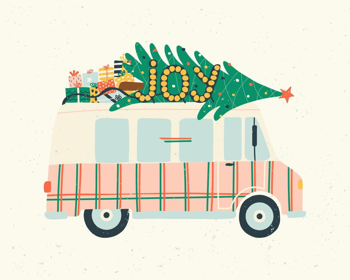 Greeting Postcard with retro car with a Christmas tree and gifts. Christmas truck with signboard lettering joy. Hand drawn illustration. vector