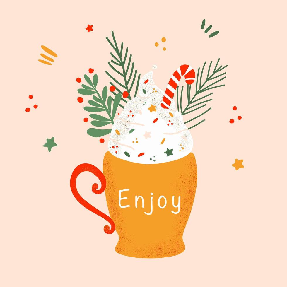 Christmas drink with coffee, cocoa or chocolate. Mug of cacao with whipped cream, marshmallow and candy cane. Greeting card for Xmas, New year or winter holidays. illustration. vector