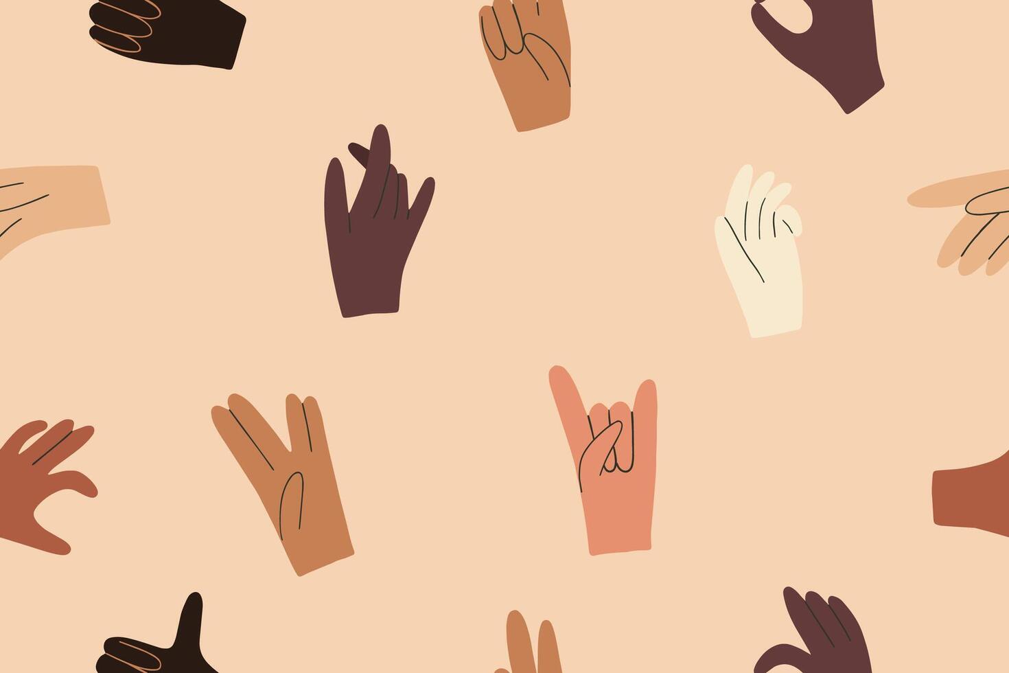 Seamless pattern with hands diverse skin color. Symbol of race equality, diversity, tolerance. Hand gestures with different skin color tolerance and anti racism concept. Hand drawn illustration. vector