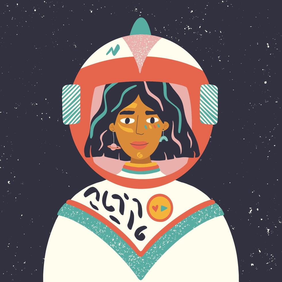 Astronaut in space. Space travel and exploration. Hand Drawn illustration of woman in spacesuit. Set of cartoon templates for banners, cards, flyers, brochures. vector