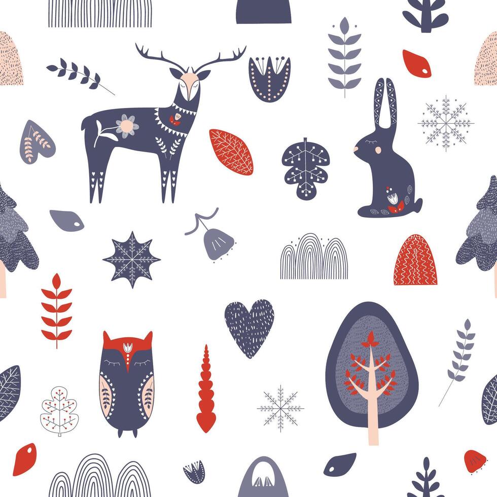 Christmas seamless pattern in folk style. Christmas toys deer, snowflake, tree, rabbit, heart, owl. Elements for banner, background, printing on paper. Hand drawn illustration. vector