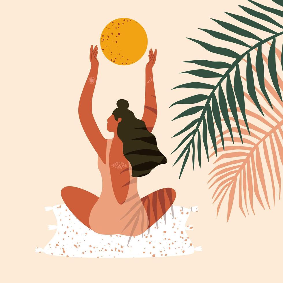 joven niña en el playa con ramas de palma arboles concepto hembra fuerza. boho estilo retrato. mano dibujado ilustración. vector