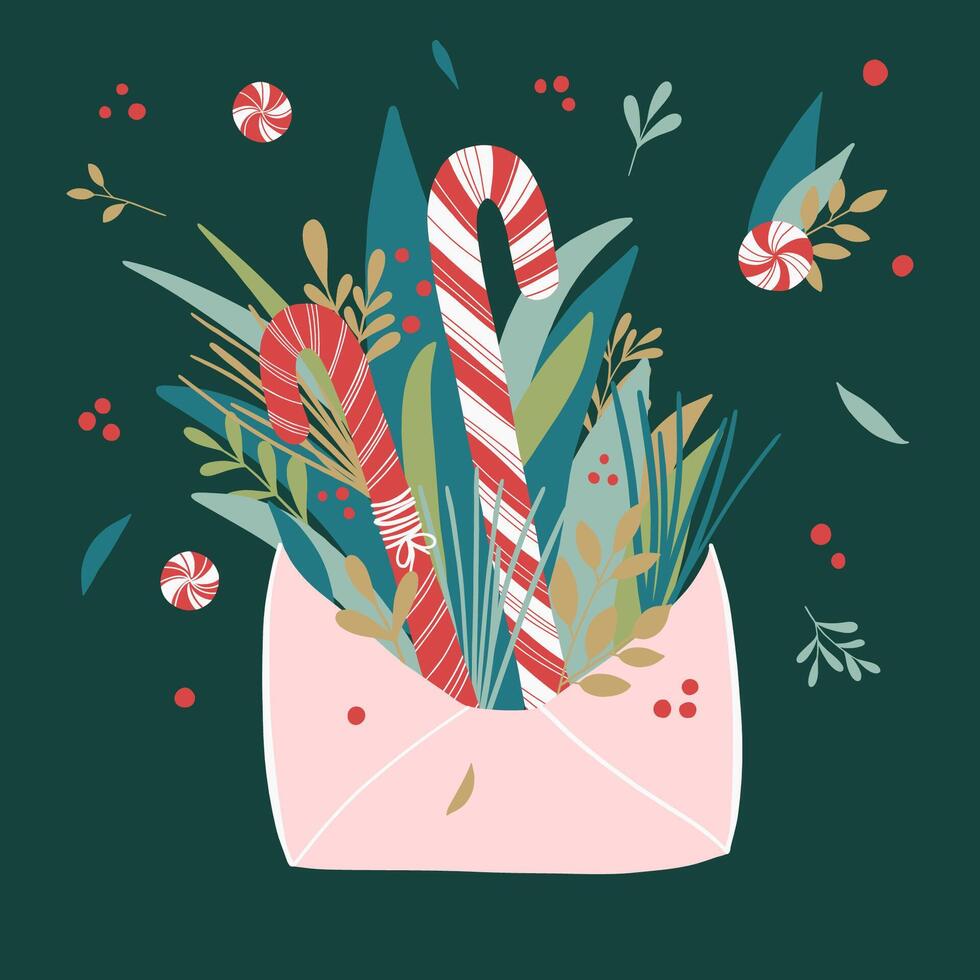 Navidad abierto sobre y letra con diferente Navidad plantas. saludos y contento nuevo año mensaje o presente. ilustración. vector