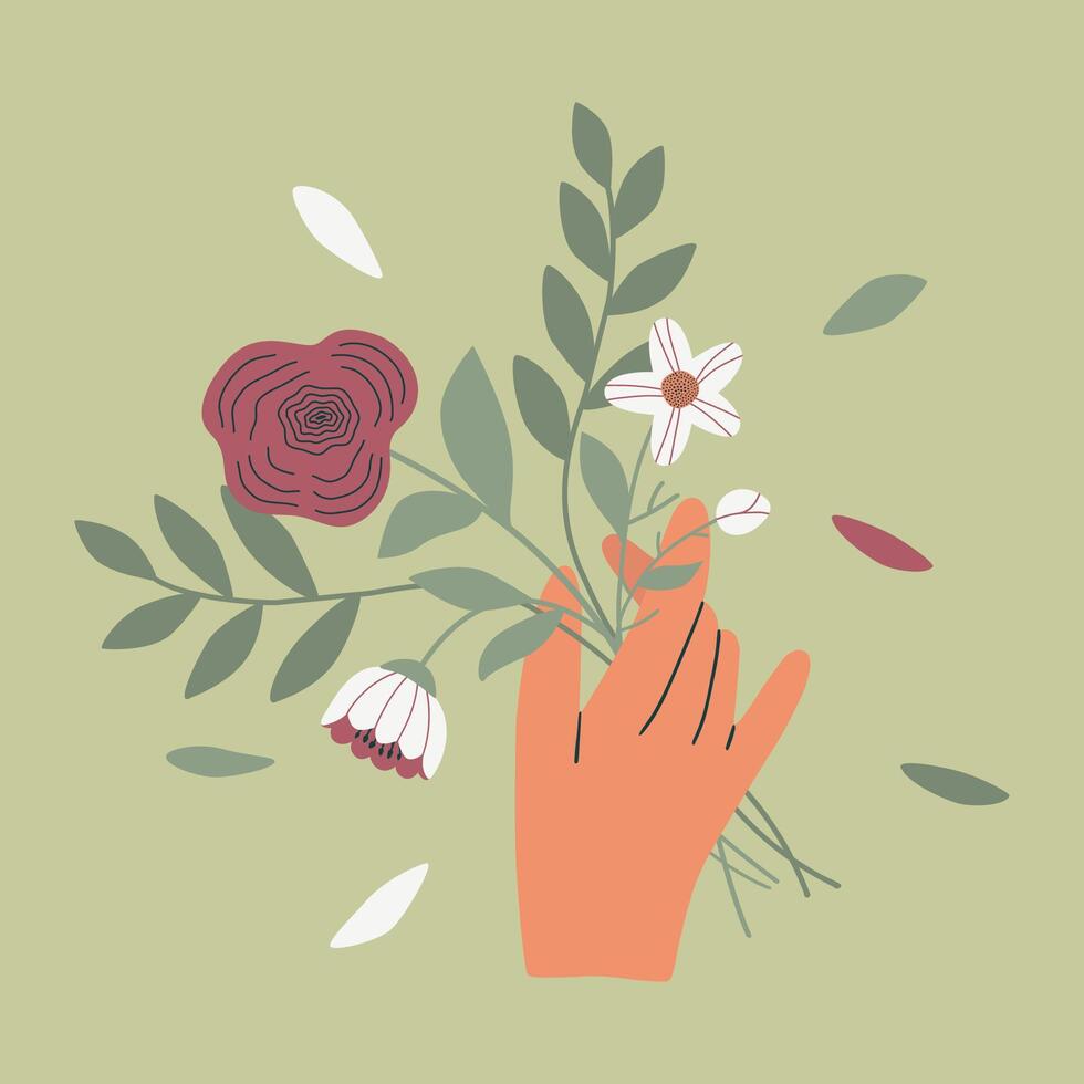 Female or male hand holding bouquet of field flowers. Beautiful fall floral plant. Elegant cut flowers. Bundle of floral elements isolated on green background. Hand drawn illustration. vector
