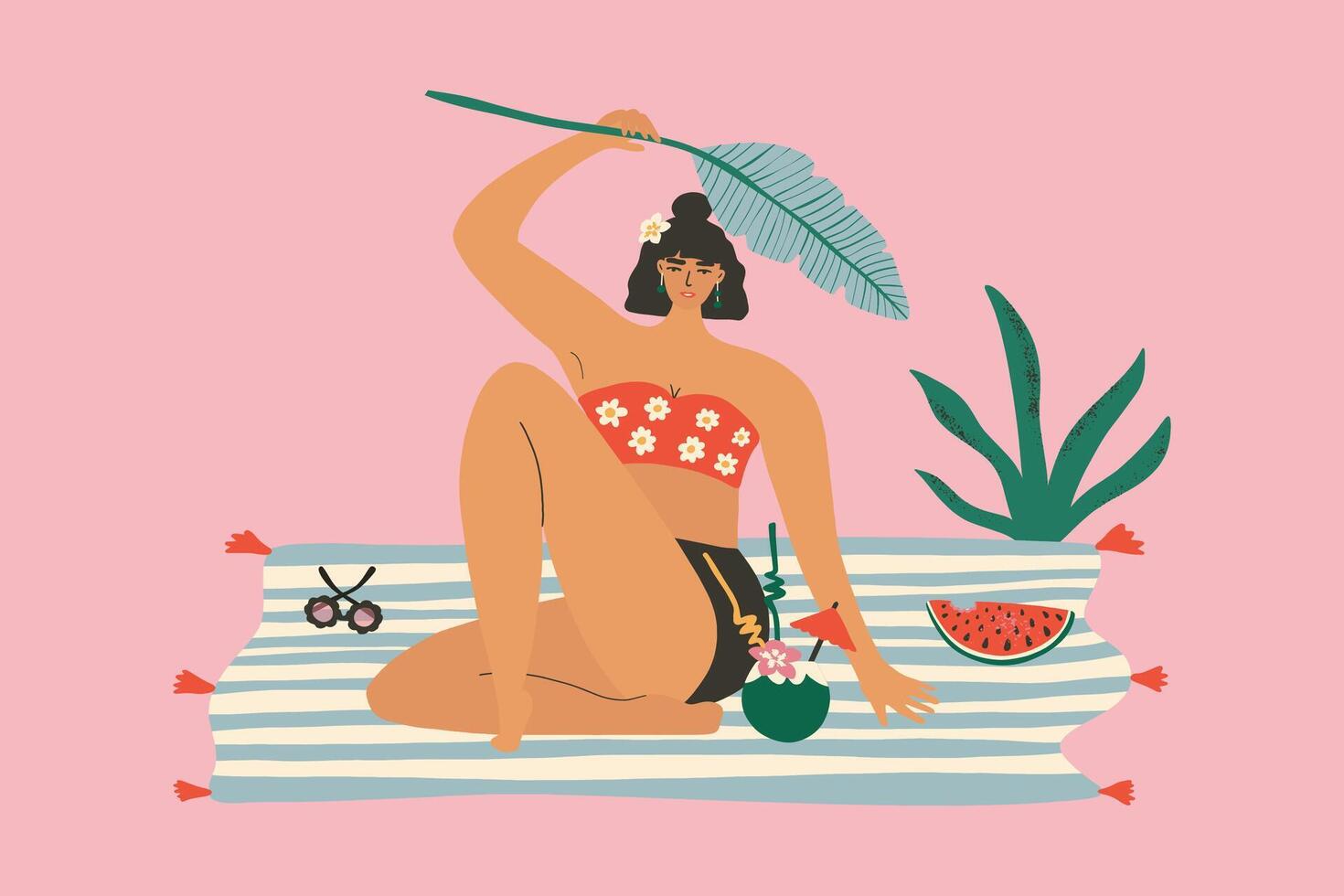 Summer poster with woman holding a tropical leaf. Beach towel, watermelon, coconut cocktail, sun umbrella. Background illustration for invitation, postcard, website banner, printing on a t-shirt. vector