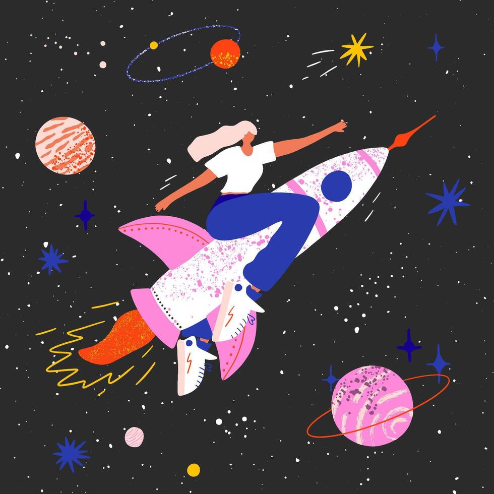 Feminism concept. Girl on a rocket flying in space to the stars and achievements. Cosmic power of a woman. Female International Woman Day. Girl Power Inspirational Poster. Banner, flyer. vector