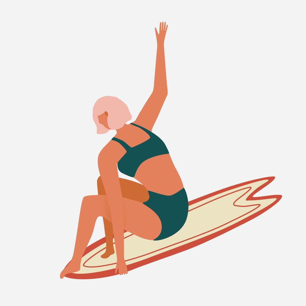 Surfer girl character in retro swimsuit with a shortboard. Summer illustration for printing on a T shirt, postcard, pillow, poster, textile and more. illustration in hand drawn style. vector