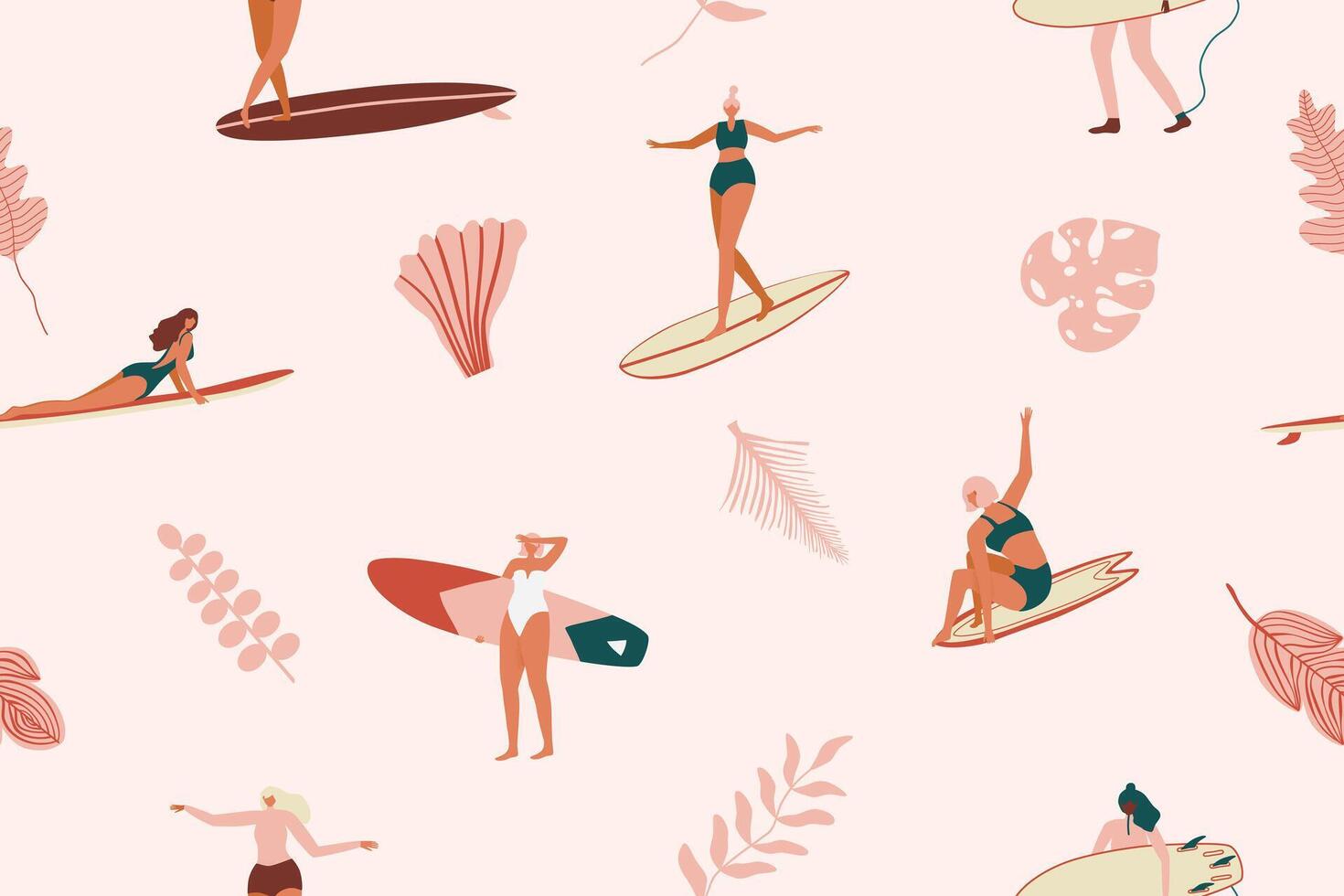 Surf girls character in swimsuit with a shortboard and Longboard seamless pattern. Retro Surfing tropical seamless pattern in . Summer design for fabric, wallpaper, packaging paper, background. vector