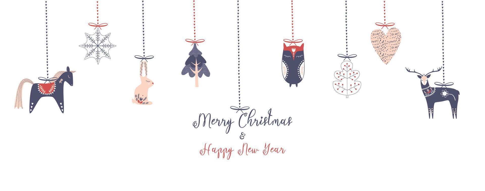 Christmas set with folk style toys. Christmas toys horse, deer, snowflake, tree, heart, owl. Elements for banner, background, printing on paper. Hand drawn illustration. vector