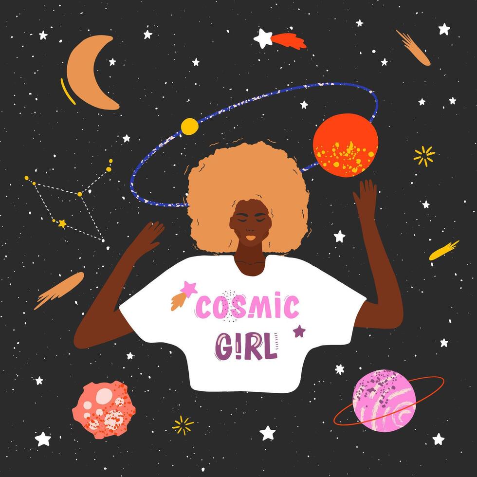 The concept of spirituality and mental health. Beautiful black woman on a cosmic background. Space illustration for printing on a T shirt, postcard, pillow, poster, textile and more. vector