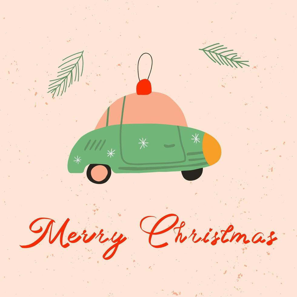 Christmas greeting card or invitation design with retro car. Snow and spruce branches on the background. Merry Christmas idea for greeting card, wall art, t shirt, printable apparels. vector