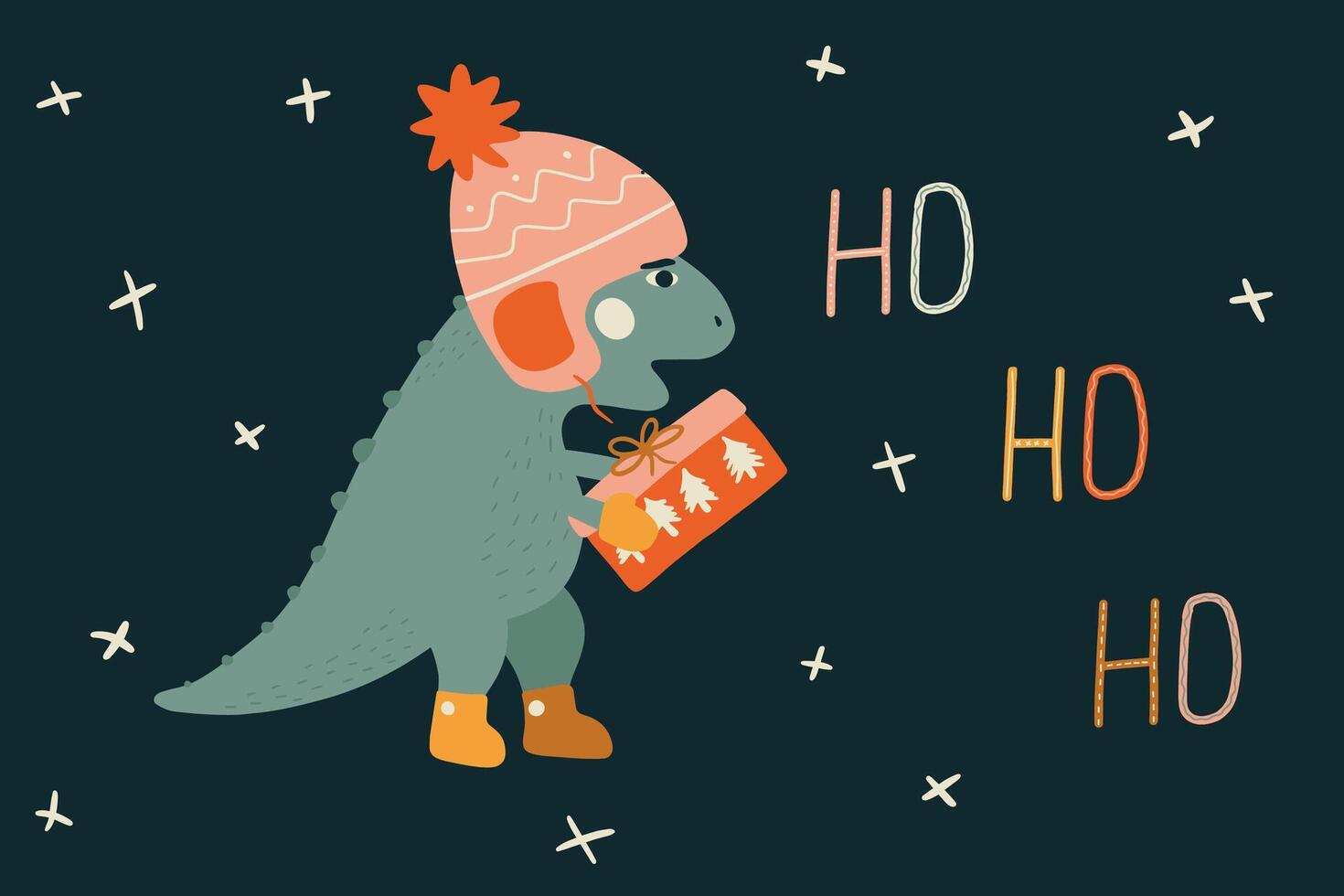 Christmas card with a a little t rex dinosaur. Winter illustration with baby dino in a hat and shoes. Funny character in cartoon hand drawn style. Cute design for greeting card, printing on T-shirt. vector
