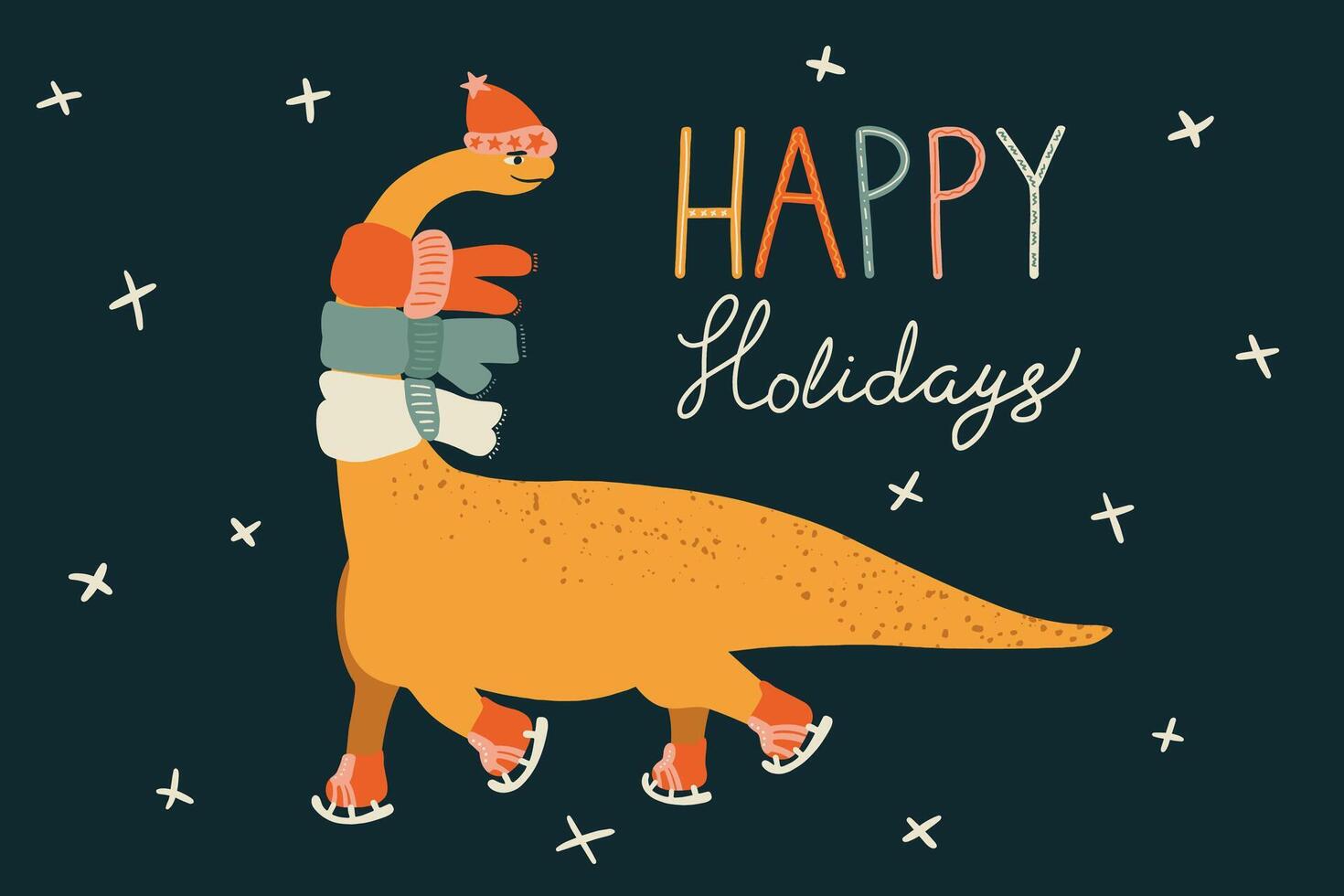 Christmas card with a diplodocus dinosaur. Winter illustration with dino on skates in a hat and scarf. Funny character in cartoon hand drawn style. Cute design for greeting card, printing. vector