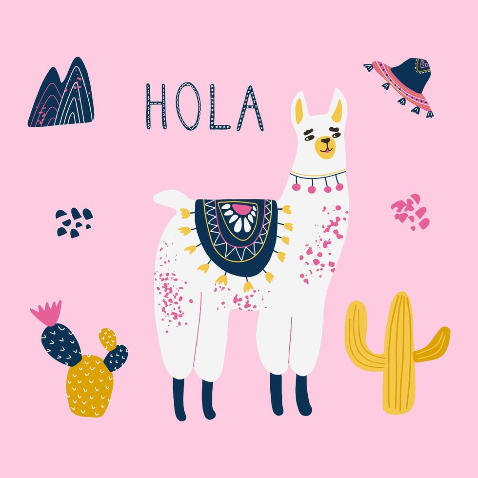 Llama illustration with lettering, cactus, mountain, mexican sombrero. Print for poster, card. vector