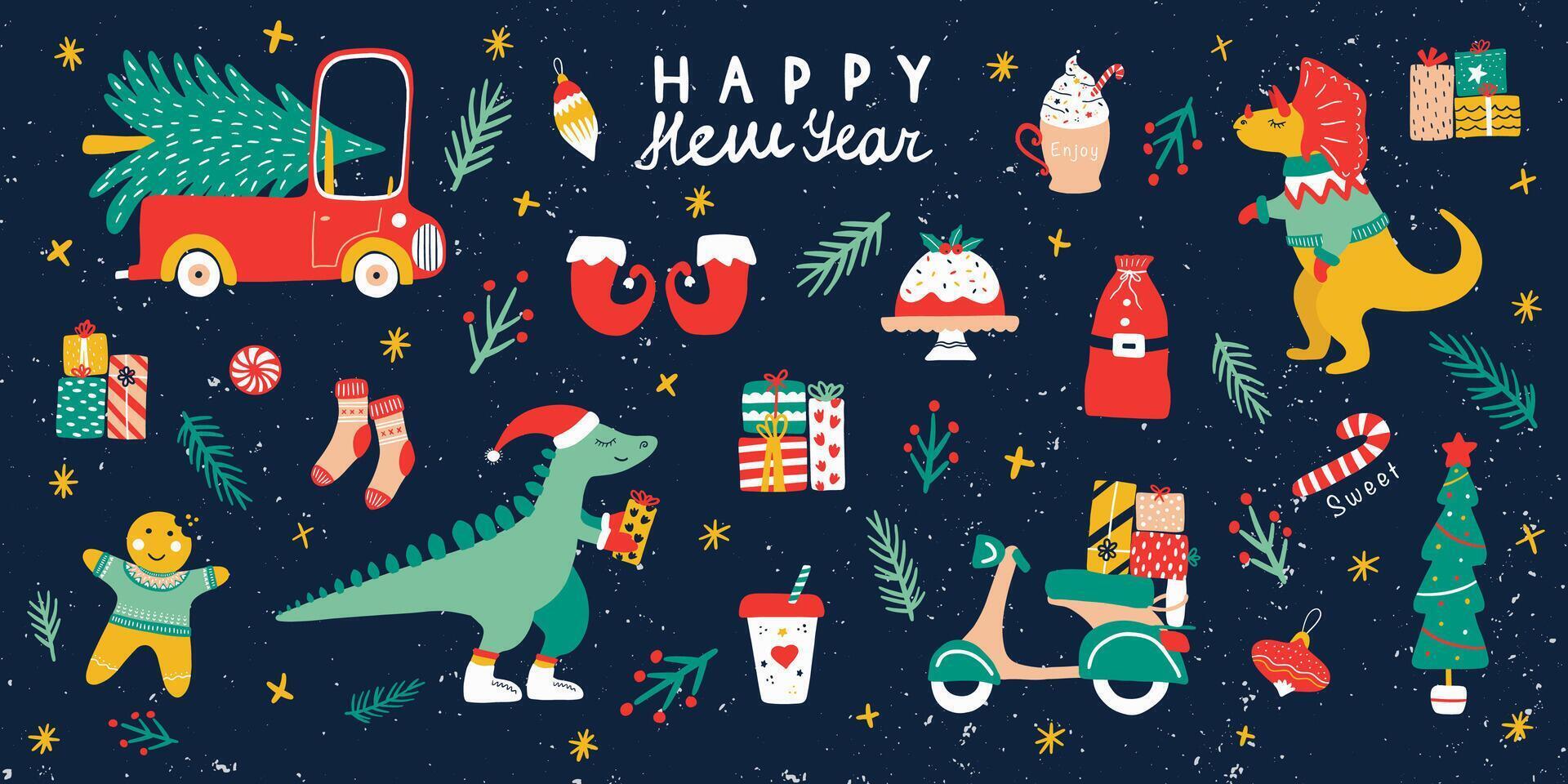 Christmas set on a dark background. Calligraphy, car, christmas tree, dinosaur, scooter, mistletoe, gift box, snow globe. Childish New Year holiday decoration elements. Hand drawn illustration. vector