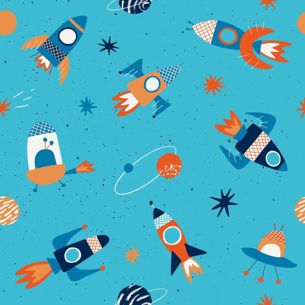Childish seamless pattern with hand drawn space elements. Print with rockets, planets, stars, comets and UFOs. illustration design for textile graphics, kids design, fabric, wrapping, textile. vector