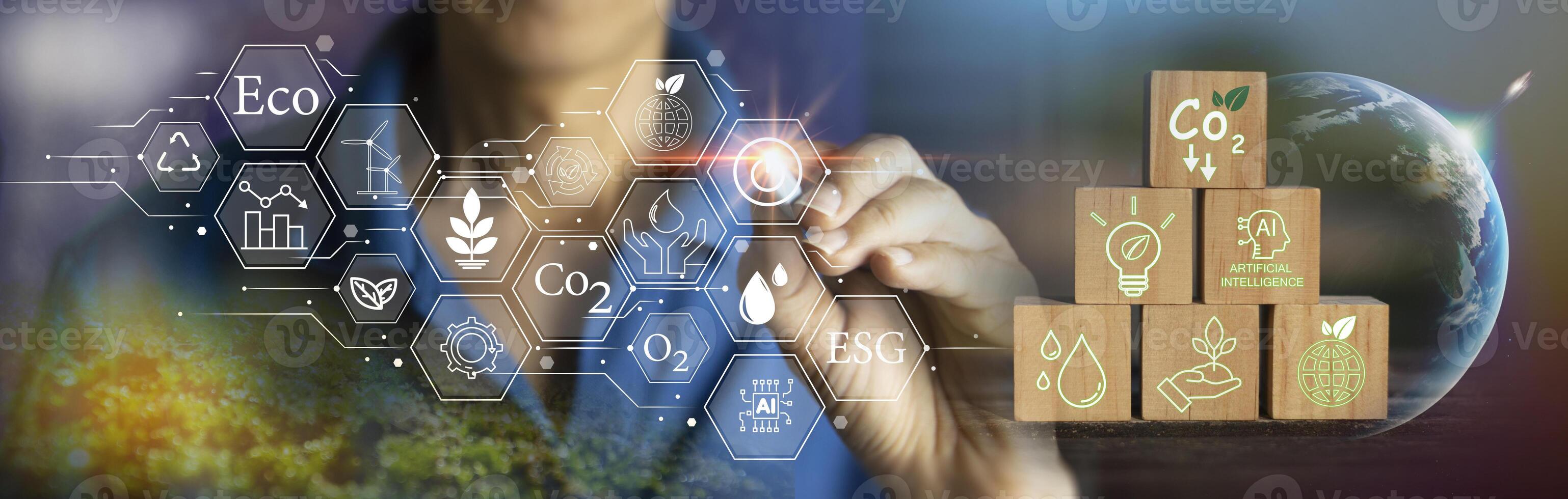 Sustainable development and business operations based on renewable energy CO2 Emission Reduction Concepts Green industries using renewable energy can limit global warming changes. photo