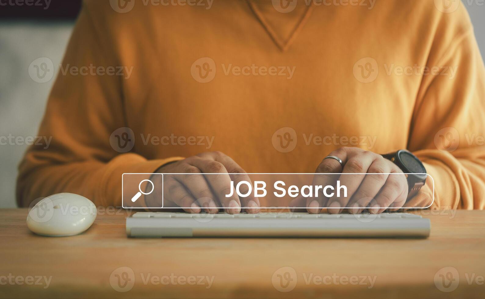 Searching browsing internet data information about job with search bar. Man use keywords to search for information. photo