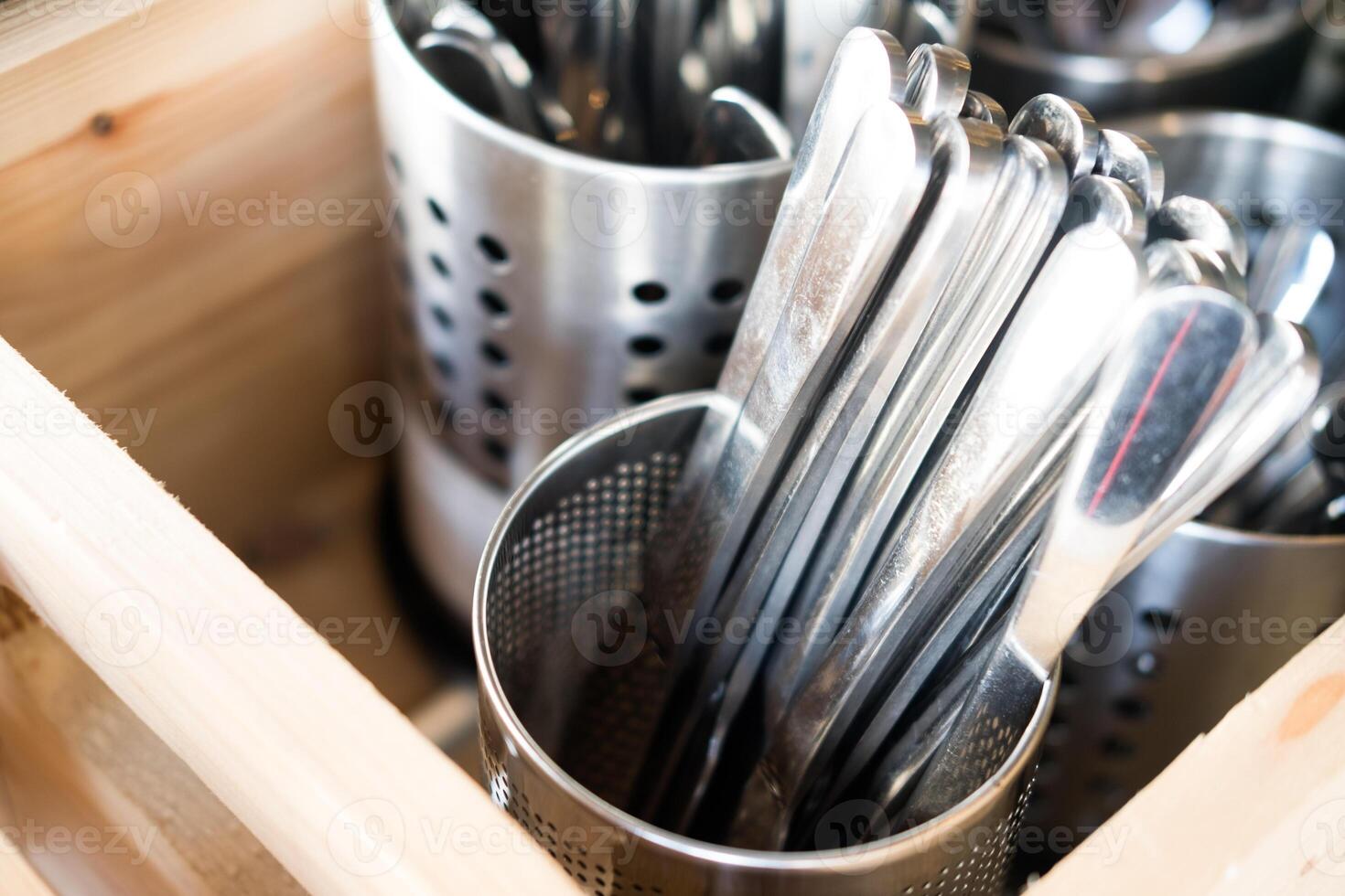 Cutlery set fork, spoon and knife in a cafe or restaurant photo