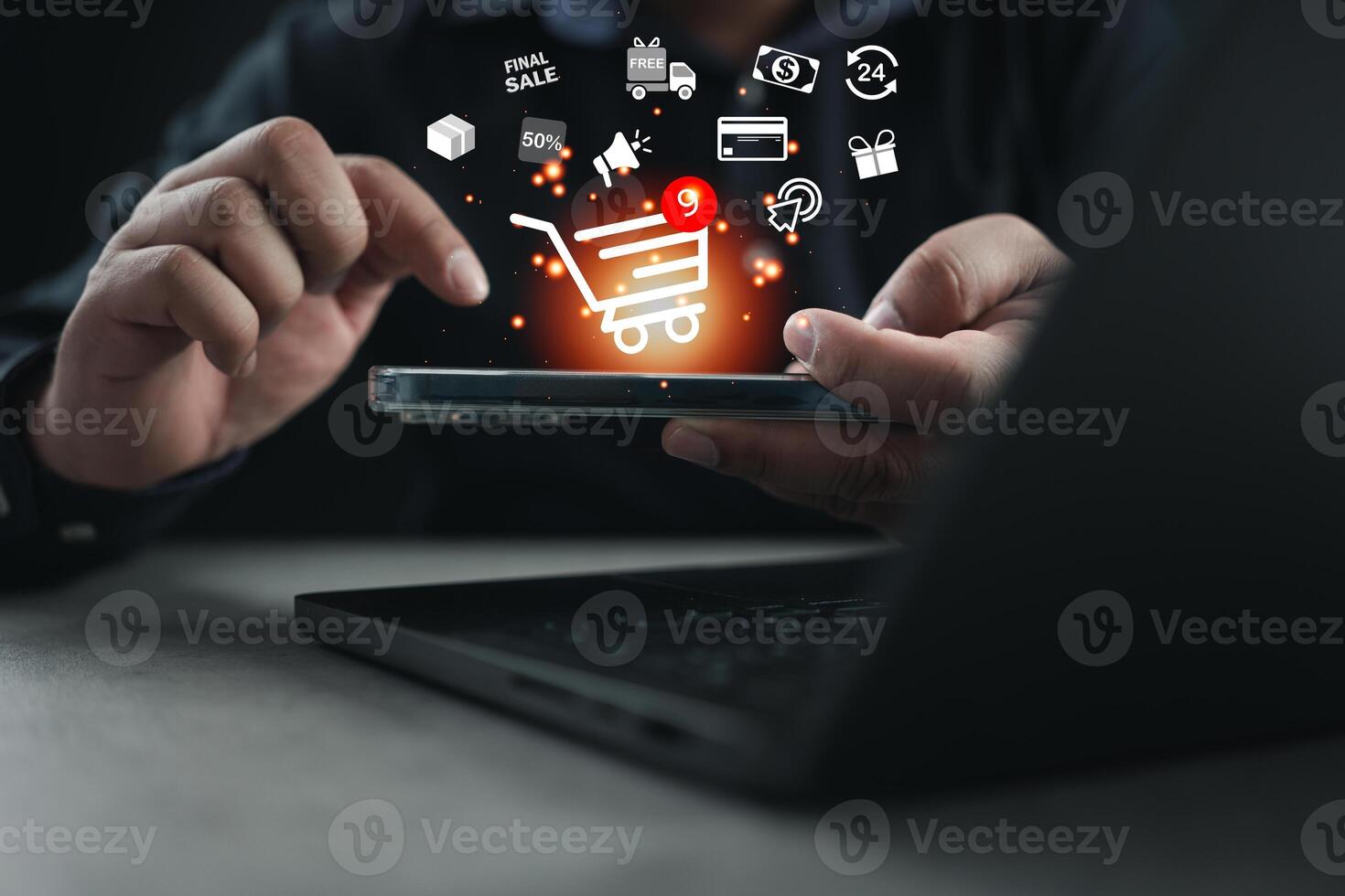 Man checking order online on his smartphone as he use credit cards from online purchases. photo