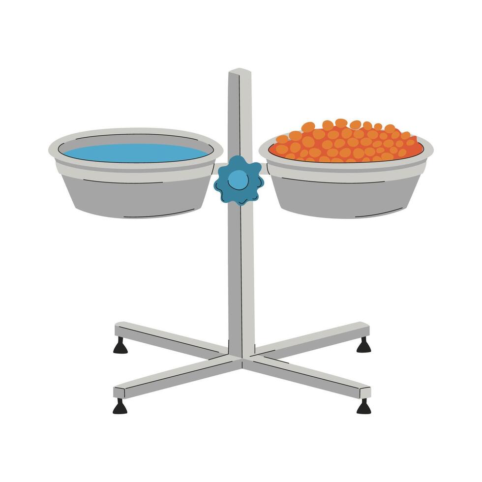 Bowls of food and water for dogs. A rack for bowls. A pet care item. A flat illustration isolated on a white background. vector