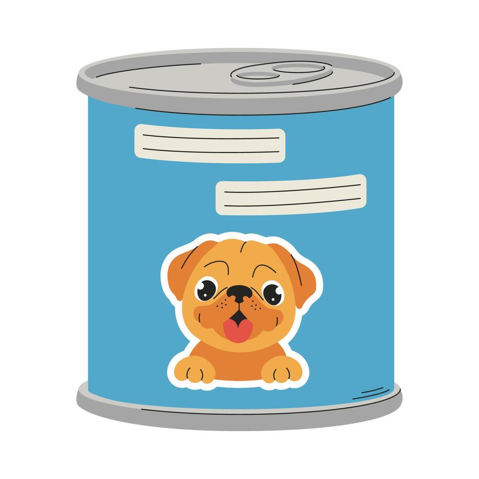 A tin can of dog food. A closed can of pet food with a picture of a pug. A pet care item. A flat illustration isolated on a white background. vector