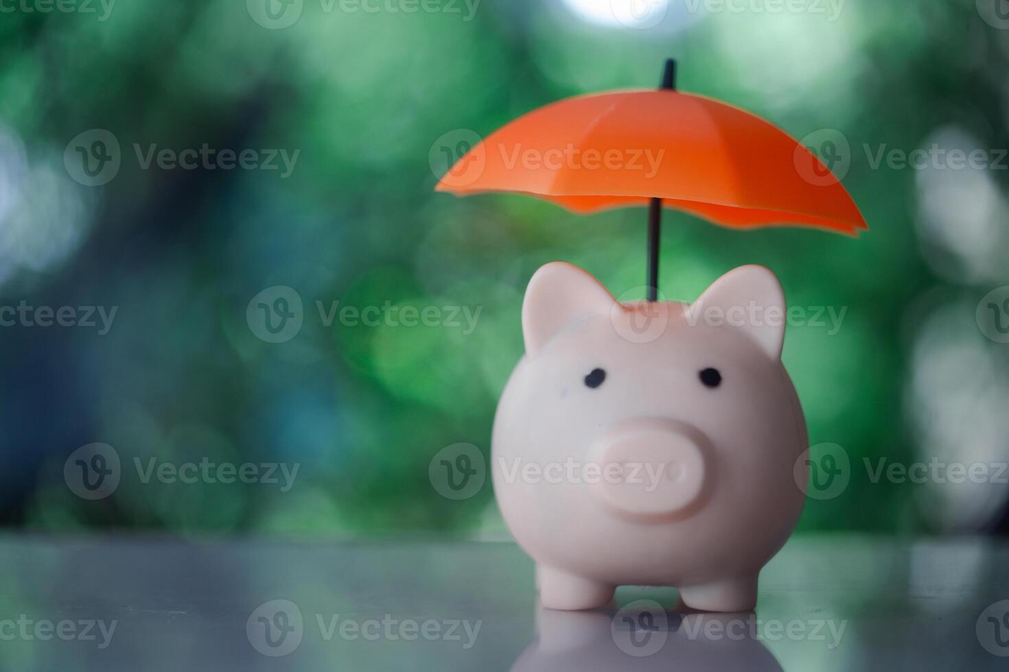 Piggy bank put on wood table with umbrella for protection and against nature background photo