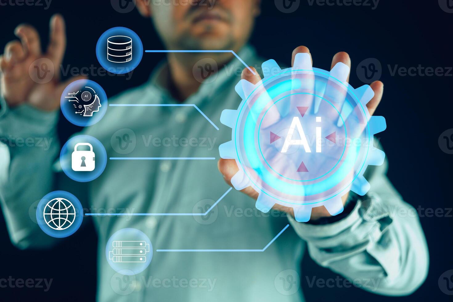 Businessman use a futuristic virtual interface screen artificial intelligence with AI. photo