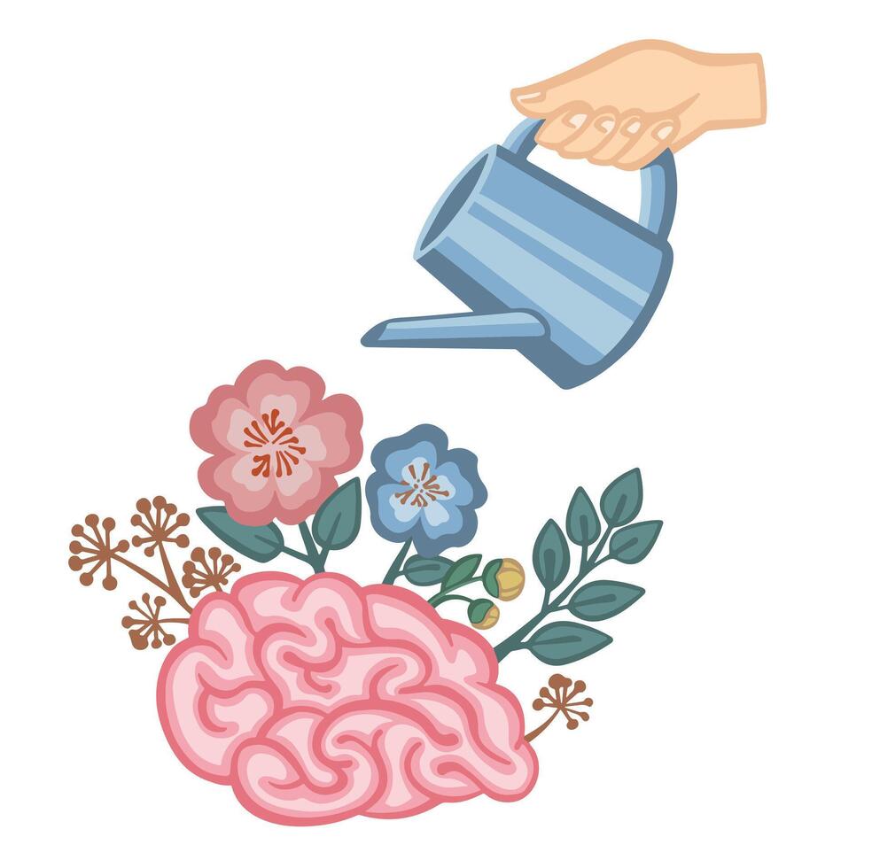 mental health, the brain is watered from a watering can illustration vector