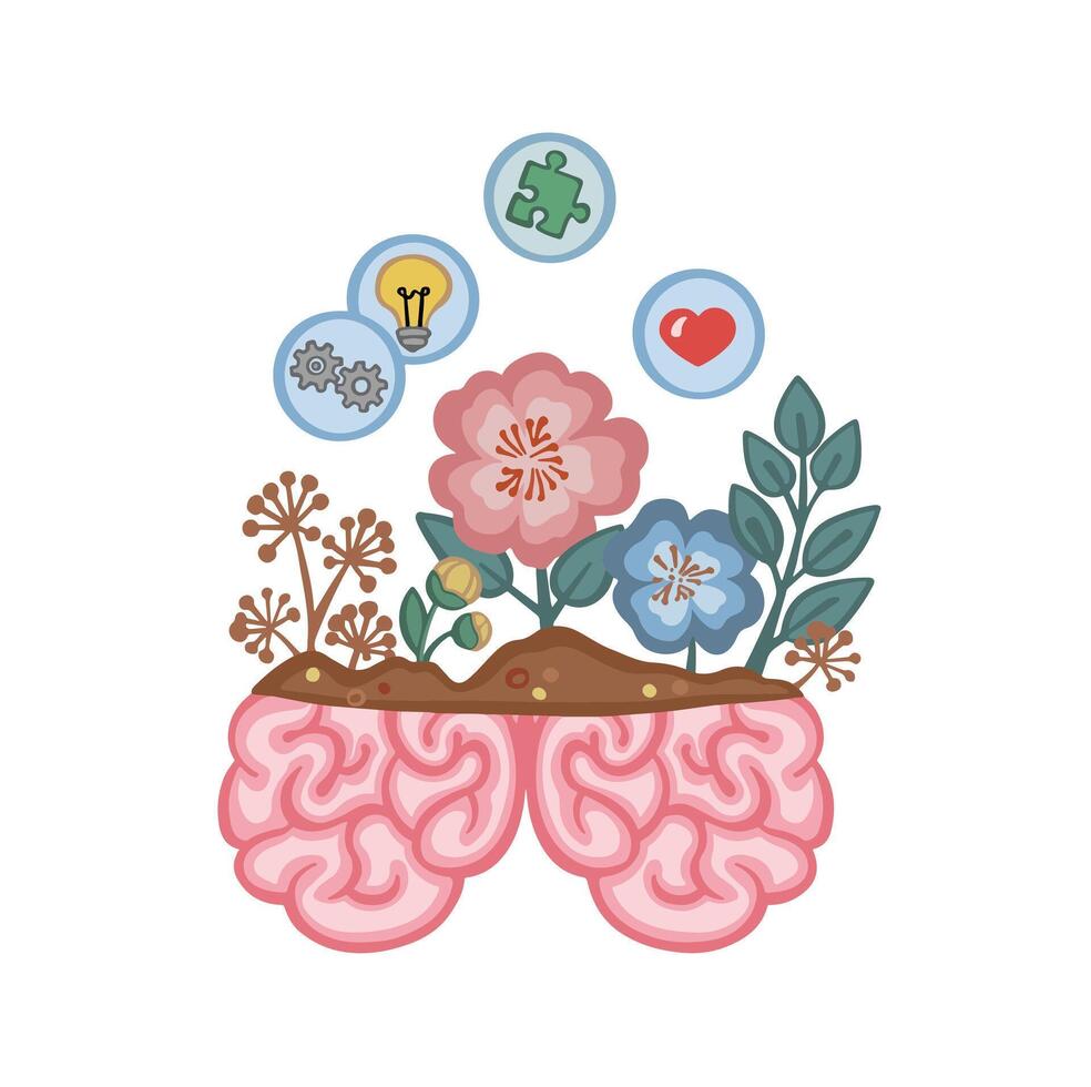 Flowers of the mind on the brain cartoon symbol illustration vector