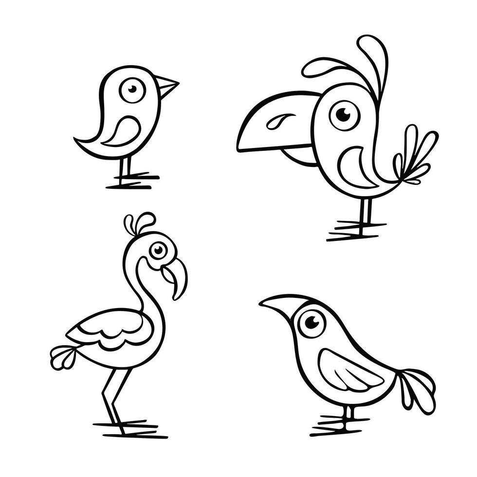 Set of illustrations of various cute birds outline vector