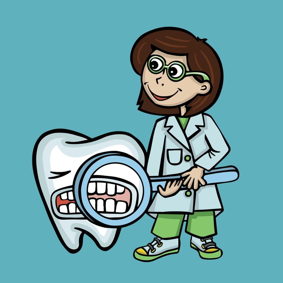 Dentist examining a tooth with a magnifying glass, oral hygiene cartoon vector