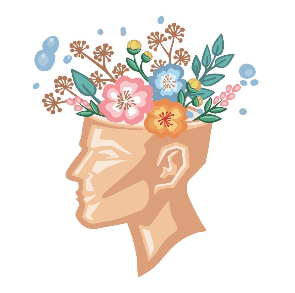 mental health blooming flowers, cartoon illustration vector