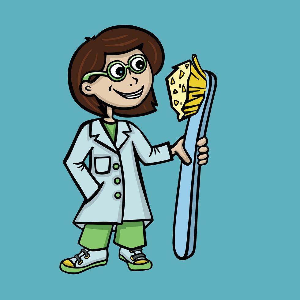Dentist and big toothbrush in cartoon style vector