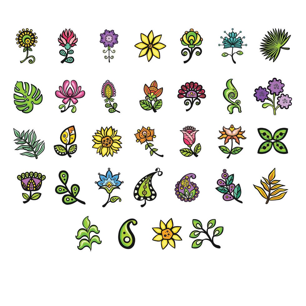 large color set of decorative flowers and plants, hand drawn illustration vector