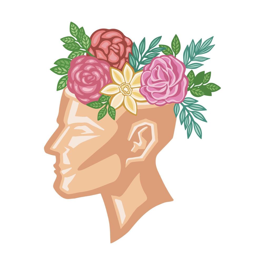 Head blooming flowers, mental health cartoon illustration vector