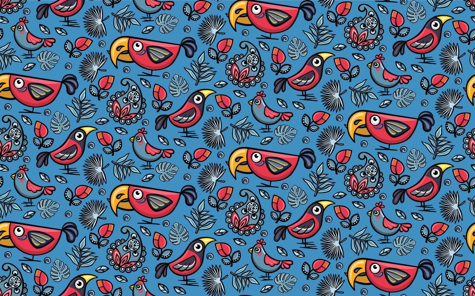 Crossbill birds wallpaper seamless pattern, illustration hand drawn vector