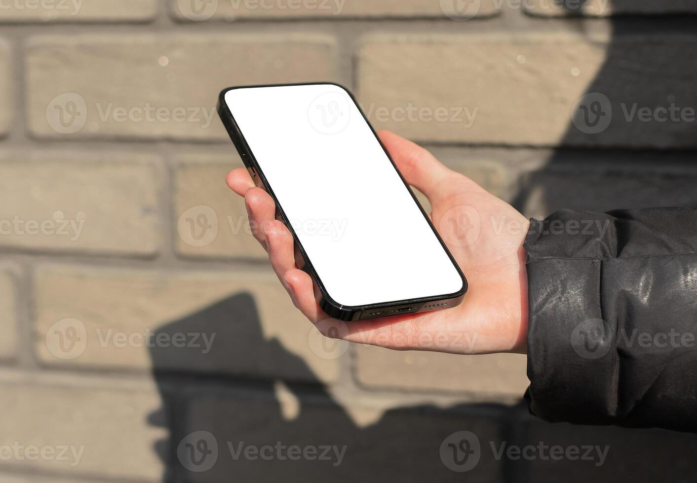 Hand looking at mobile phone screen mockup, blank white display, sunlight photo