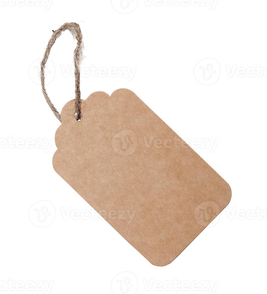 Brown kraft label, empty blank paper tag in twine, string, rope isolated on white background photo