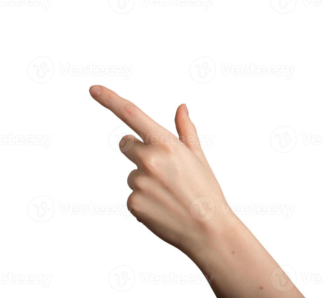 finger indicating aside, hand gesture isolated on white background photo