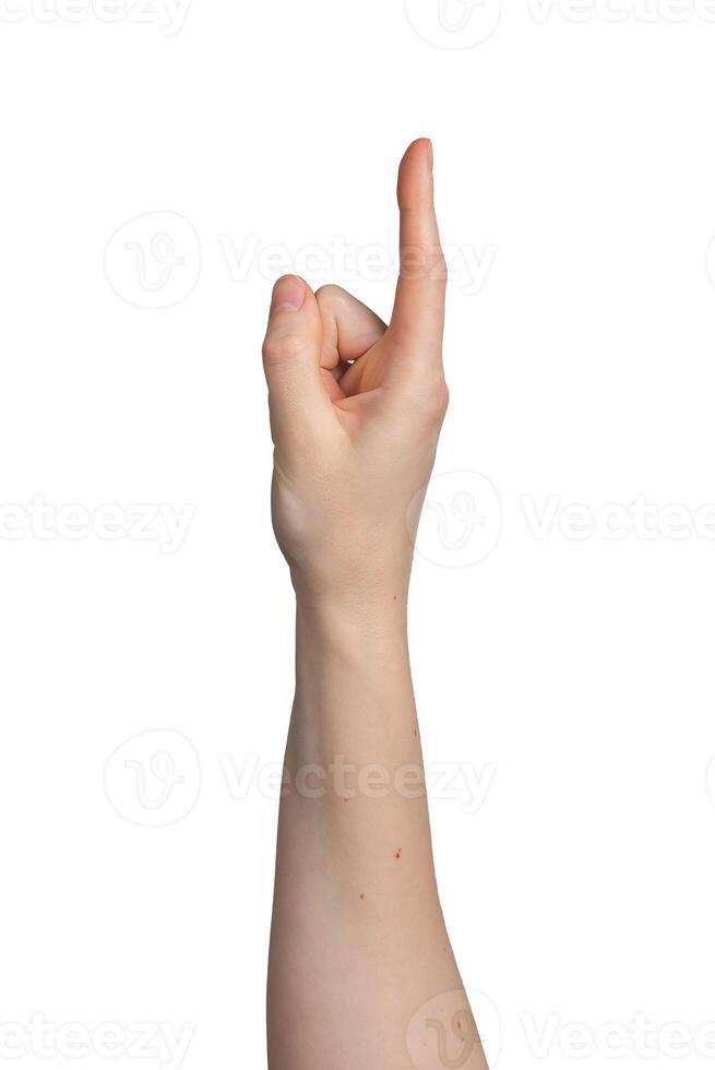Index finger pointing up, side view, hand gesture isolated on white background photo